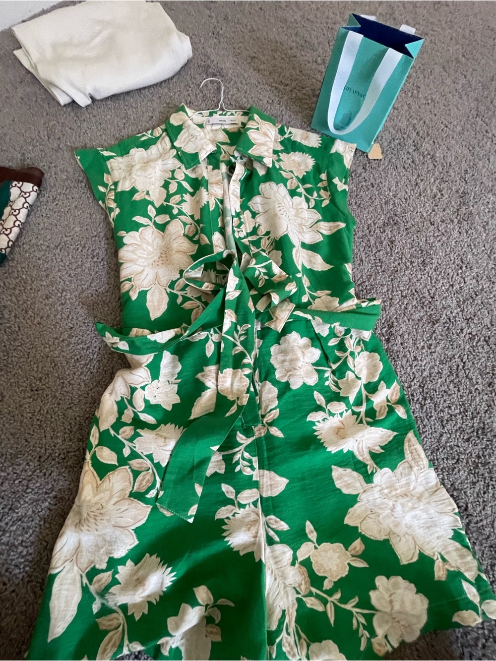 Mango Green Floral Tie-Waist Mini Dress with Cream Blooms